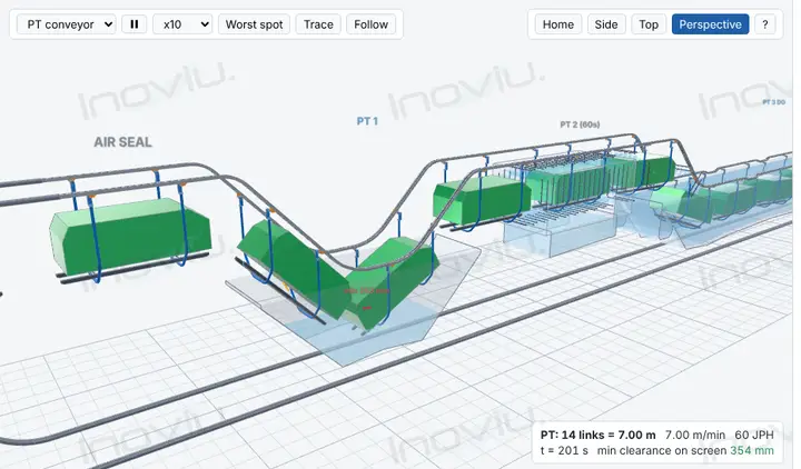 Animated preview of the pendulum conveyor simulation: bodies swinging through pretreatment dips and sprays